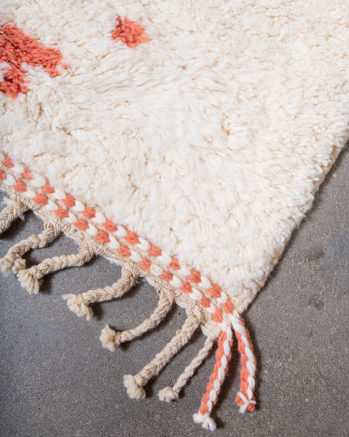 Modern, designer, handcrafted Berber rug from Morocco. Beniourain carpet with beautiful colours and patterns and fluffy wool texture.